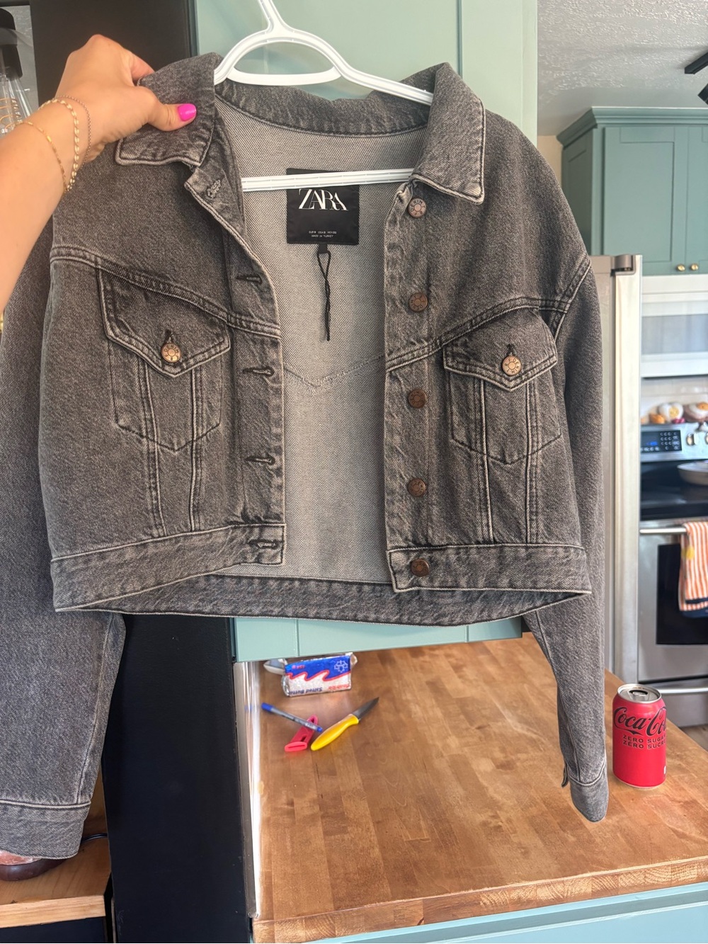 Zara Washed Charcoal Cropped Denim Jacket